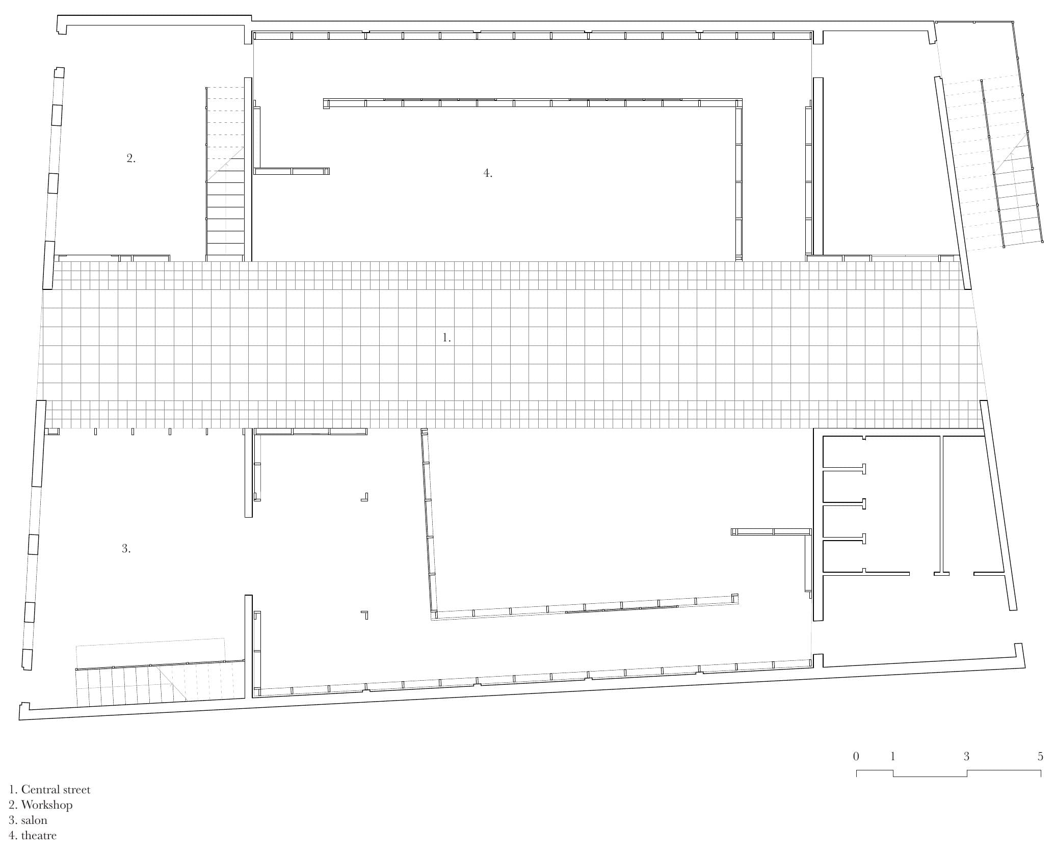 Floorplan, 2026 — 1. Central street 2. Workshop 3. Salon 4. Theatre